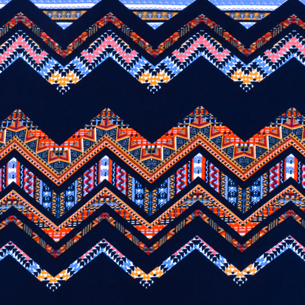 Navy-Yellow-Multi Tribal Chevron Printed Double Brushed ITY