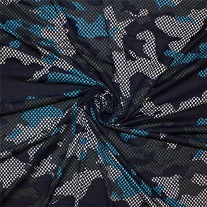 Navy Checkerboard on Blue Gray Camo Cotton Jersey Blend Knit Fabric