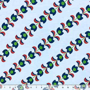 Mod Tulip Rows on Blue Cotton Jersey Knit Fabric