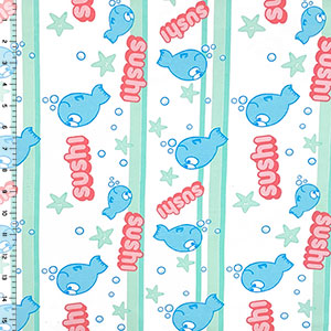 Happy Blue Sushi Fish On White Cotton Jersey Knit Fabric