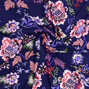 Bright Botanical Floral on Navy Blue Double Brushed Jersey Spandex