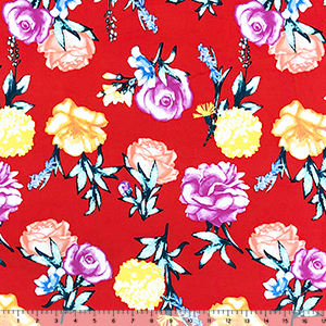 Half Yard Bright Photo Floral on Red Double Brushed Jersey Spandex Blend Knit Fabric
