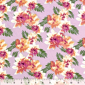 Half Yard Mauve Peach Tropical Floral on Lilac Double Brushed Jersey Spandex Blend Knit Fabric