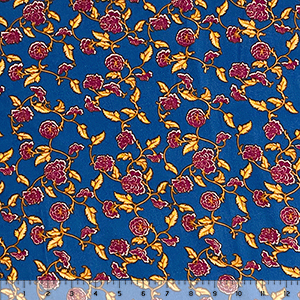 Burgundy Gold Rose Vines on Blue Double Brushed Jersey Spandex Blend Knit Fabric