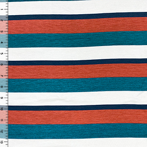 Teal Red Navy Stripe Cotton Jersey Spandex Blend Knit Fabric - Girl