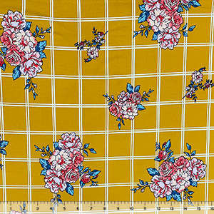 Coral Carnation Floral on Mustard White Plaid Double Brushed Jersey Spandex Blend Knit Fabric