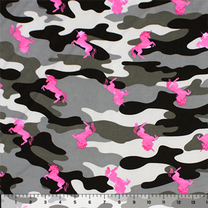 Half Yard Pink Tie Dye Unicorns on Grayscale Camo Double Brushed Jersey Spandex Blend Knit Fabric