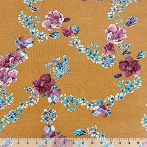 Marsala Floral Vines on Gold Cotton Jersey Spandex Blend Knit Fabric