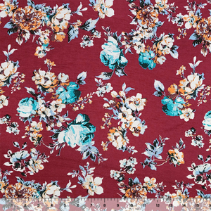 Teal Gold Rose Floral on Carmine Cotton Jersey Spandex Blend Knit Fabric