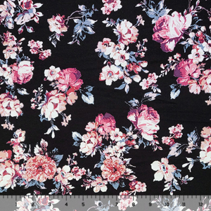 Mauve Marsala Rose Floral on Black Cotton Jersey Spandex Blend Knit Fabric