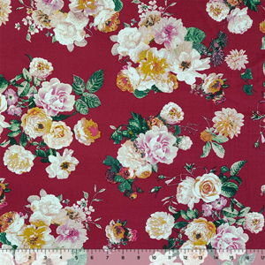 Gold Fuchsia Floral on Burgundy Double Brushed Jersey Spandex Blend Knit Fabric