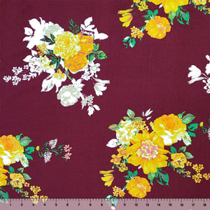 Yellow Floral & Silhouette on Merlot Double Brushed Jersey Spandex Blend Knit Fabric