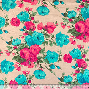 Teal Fuchsia Roses on Buff Cotton Spandex Knit Fabric