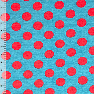 Pink Polka Dots on Blue Cotton Spandex Knit Fabric