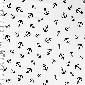 Black Tossed Anchors on White Cotton Spandex Knit Fabric