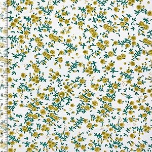 Gold Green Tossed Small Flowers on White Cotton Spandex Knit Fabric