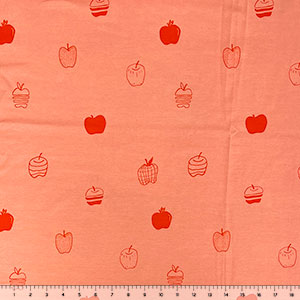Red Drawn Apples on Dusty Coral Cotton Spandex Knit Fabric
