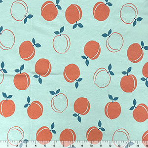 Half Yard Tossed Peaches on Dusty Aqua Cotton Spandex Knit Fabric