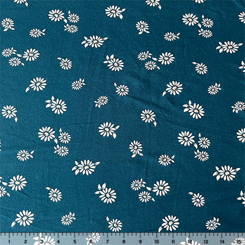 Peach White Daisy Floral on Teal Blue Cotton Spandex Knit Fabric
