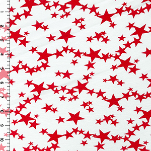 Red Stars on White Cotton Jersey Spandex Blend Knit Fabric