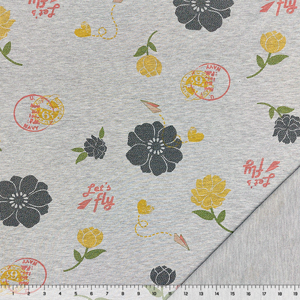 Half Yard Charcoal Coral Airmail Love on Heather Gray Floral French Terry Knit Fabric