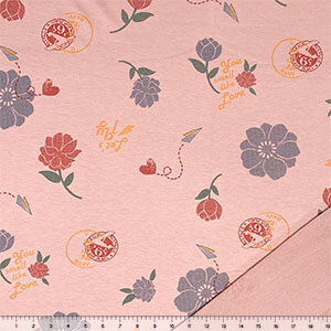 Half Yard Blue Red Airmail Love on Mauve Pink Floral French Terry Knit Fabric