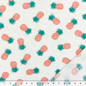 Coral Green Pineapples on Heather Ivory French Terry Blend Knit Fabric