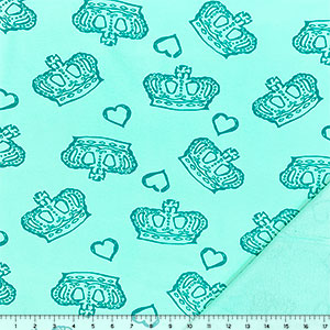Juicy Teal Crowns and Hearts on Aqua French Terry Knit Fabric