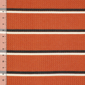 White Black Stripe On Rust Waffle Knit Fabric
